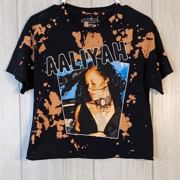 Aaliyay Black Bleach Dyed Graphic Tee Cropped Retro  EUC SZ SM - Picture 1 of 5